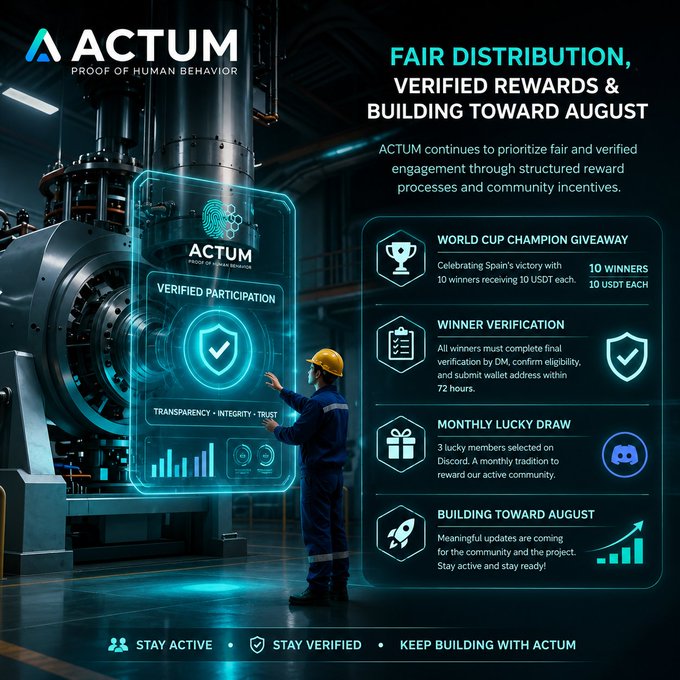 Promotional banner for 'ACTUM - PROOF OF HUMAN BEHAVIOR' highlighting 'FAIR DISTRIBUTION, VERIFIED REWARDS & BUILDING TOWARD AUGUST' with a worker figure and industrial background.