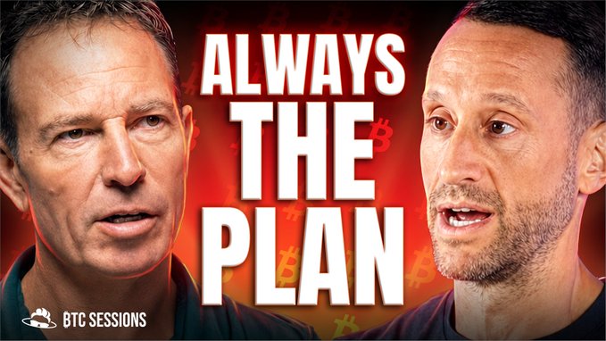 YouTube thumbnail titled "ALWAYS THE PLAN" from BTC Sessions, featuring headshots of Jeff Booth and Scott Melker against a red Bitcoin-themed background, promoting their discussion on Bitcoin adoption, self-custody, institutional capture, and AI markets.