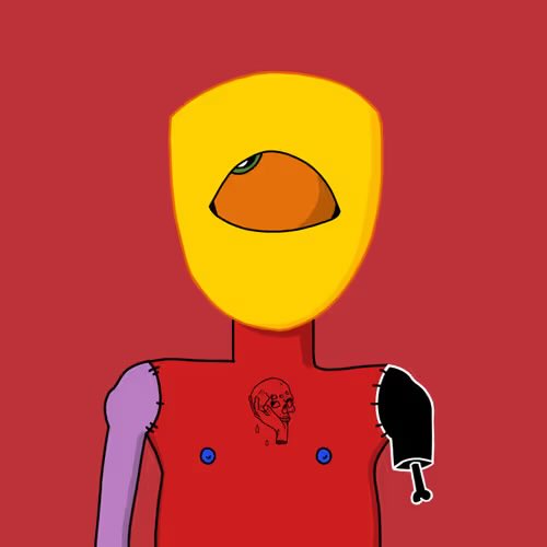 An illustration of a surreal figure with a large yellow head featuring a single central eye, a red torso with a skull logo, mismatched purple and black sleeves, and small blue buttons.