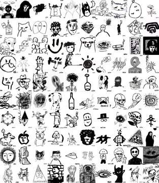 A grid of various small, black-and-white doodles and sketches featuring an assortment of characters, faces, and abstract symbols.