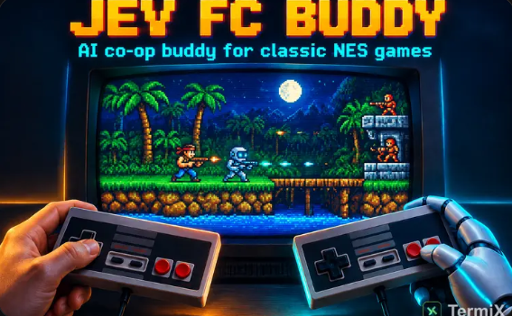 A promotional graphic titled 'JEY FC BUDDY' advertises an 'AI co-op buddy for classic NES games' showing hands and a robotic hand holding NES controllers while a pixelated platformer game displays on a TV screen, with 'TermiX' branding.