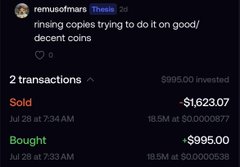 A screenshot of a Reddit post by user "remusofmars" titled "rinsing copies trying to do it on good/decent coins" showing two transactions on a crypto platform: a sale of $1,623.07 worth of tokens at ticker 0x0...00877 and a purchase of +$995.00 at 0x0...00638, with a total investment of $995.00. The image supports the post's claim by illustrating low trading volume and minimal real investment activity, reinforcing the argument that platforms are inflating metrics to attract crypto VC funding.
