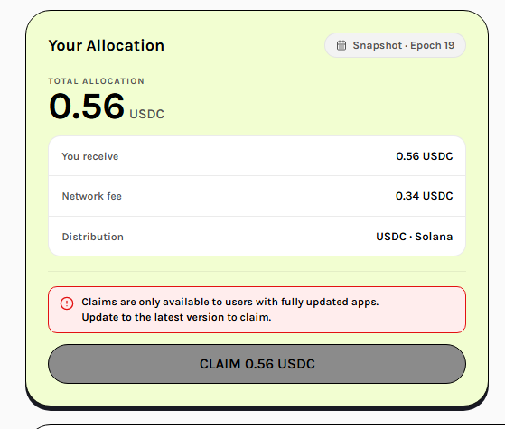 USDC allocation claim interface showing a total allocation of 0.56 USDC from Snapshot Epoch 19 with 0.34 USDC network fee on Solana network, requiring app update to claim.