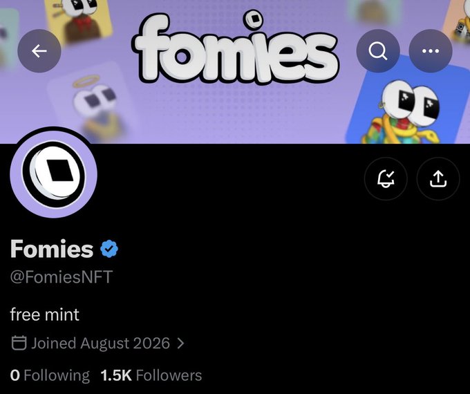 Screenshot of a Twitter/X profile for 'Fomies' (@FomiesNFT) advertising a 'free mint', joined August 2026 with 1.5K followers.