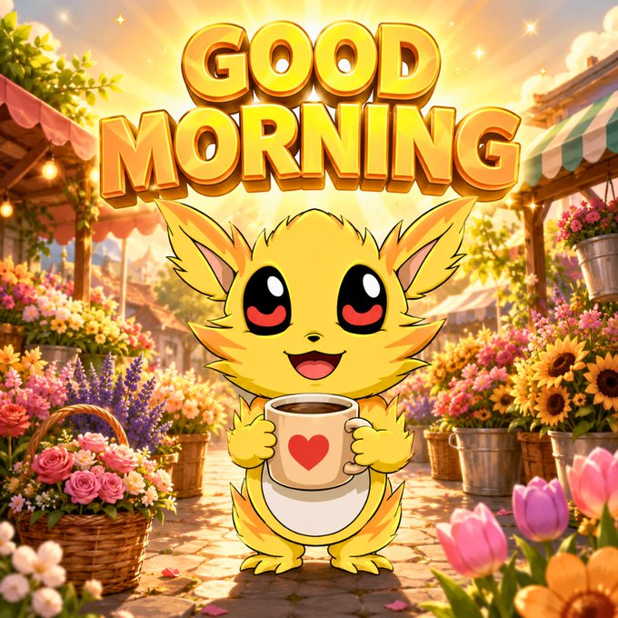 A cartoonish yellow creature holding a heart-decorated mug stands in a vibrant flower market beneath a glowing 'GOOD MORNING' sign.