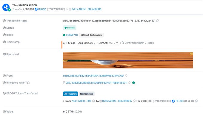 A blockchain transaction screenshot confirms the minting of 2,000,000 RLUSD tokens (valued at $2,002,000) sent from address 0xa00e5aee... to 0xfbcAB85f..., with 337 block confirmations and a "Success" status, supporting the post's claim that Ripple's stablecoin supply is expanding.