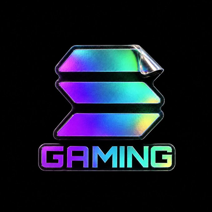 A holographic sticker features the Solana blockchain logo (a stylized gradient "X") above the word "GAMING," with "TESLA" and "SPACEX" rocket towers visible in the cityscape background, tying into the post's announcement of new Solana merchandise.