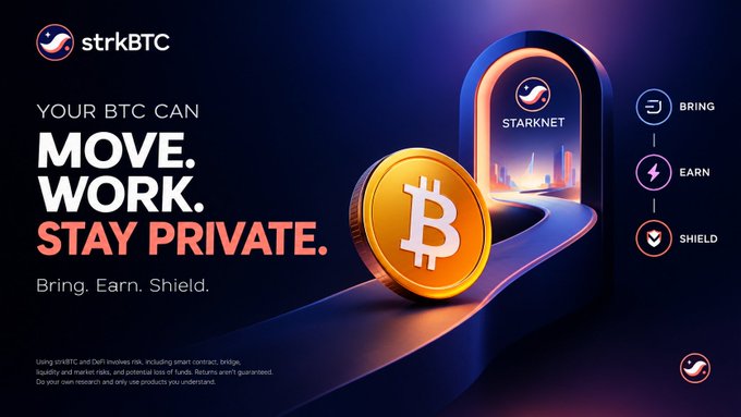 An advertisement for 'strkBTC' by Starknet with the text 'YOUR BTC CAN MOVE. WORK. STAY PRIVATE. Bring. Earn. Shield.'