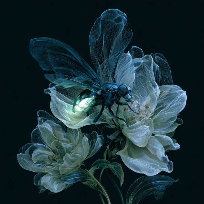 A digital artwork of a glowing bee or insect with translucent, X-ray-like wings resting on a white and blue flower against a dark background.