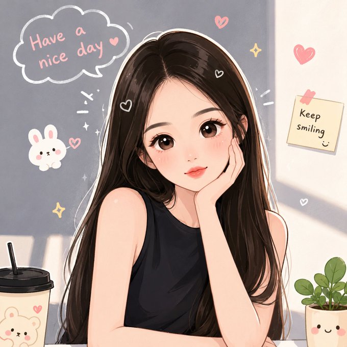 An anime-style illustration of a young woman with long dark hair resting her chin on her hand, surrounded by cute doodles including a speech bubble saying 'Have a nice day' and a sticky note reading 'Keep smiling'.