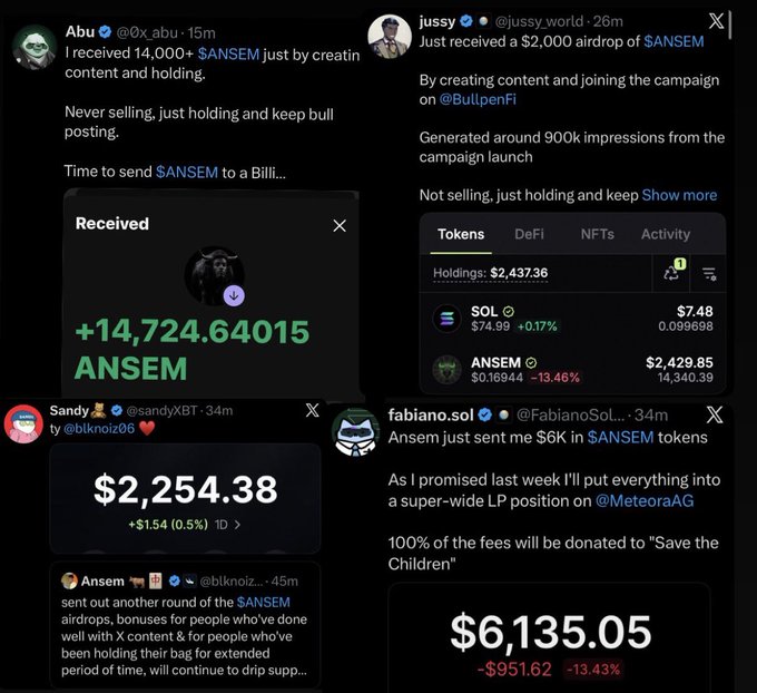 A collage of four social media posts claiming to have received $ANSEM token airdrops ranging from $2,000 to $14,000 for creating content, with portfolio values displayed including holdings in SOL and ANSEM tokens.