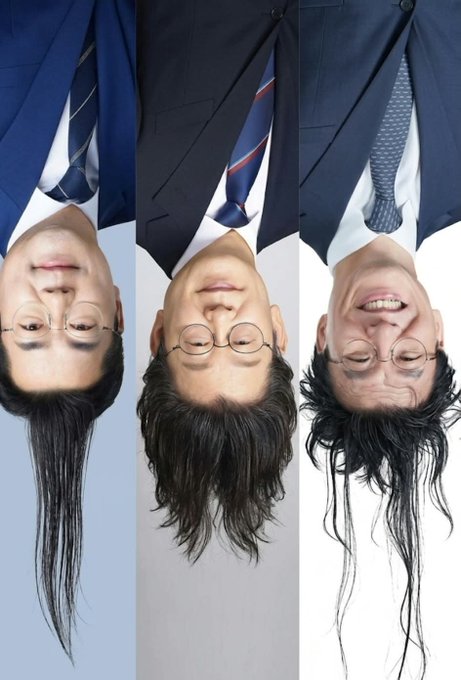 The image shows three upside-down portraits of men in suits and ties, whose hair flows downward as if reaching for the ground—visually representing the concept of people being "flipped" or inverted. This relates to the accompanying post about people flipping the Taegukgi (South Korean flag) upside down, with the image symbolizing the act of turning things upside down in protest or response.