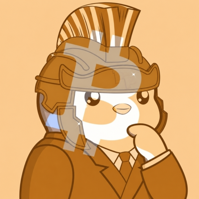 A cute, chibi-style illustration features a character wearing a Roman-style centurion helmet and a brown business suit with tie, posing thoughtfully with their hand on their chin. This serves as the new profile picture (PFP) reveal, matching the "New PFP" caption.