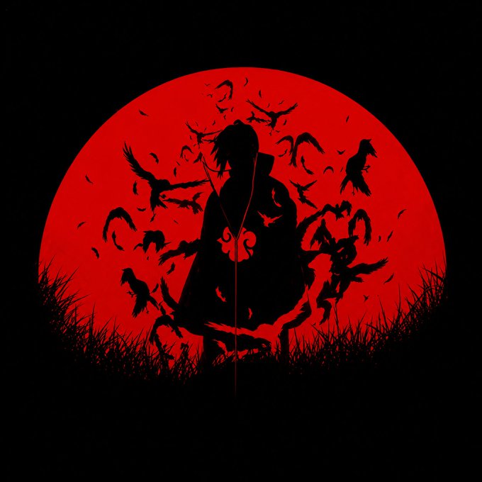 A silhouette of an anime character with spiky hair and a cloak, surrounded by a swarm of crows, set against a large blood-red moon.