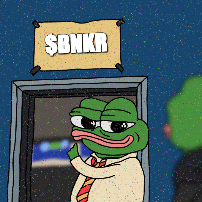 A cartoon image of a sad-looking Pepe the Frog character wearing a white shirt and striped tie, standing in a doorway beneath a sign displaying '$BNKR', with another Pepe partially visible on the right.