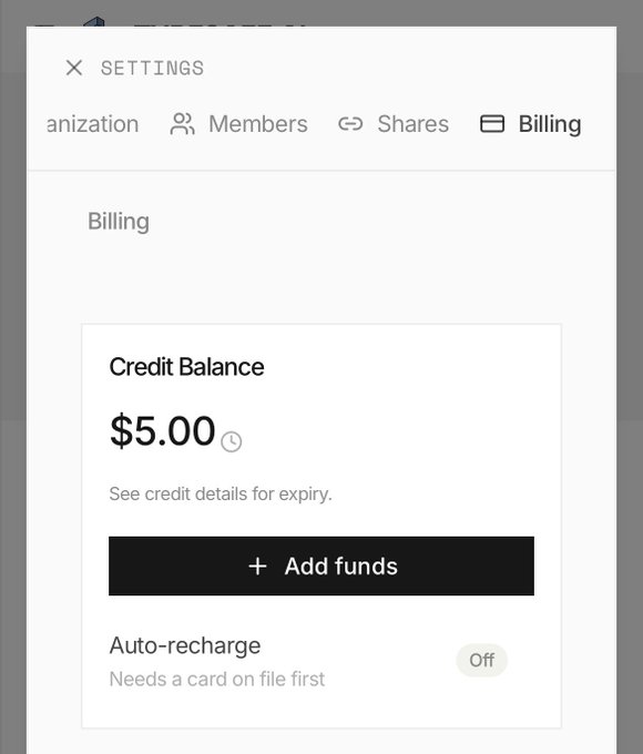 A screenshot of a 'Settings' menu showing a 'Billing' section with a Credit Balance of $5.00, an 'Add funds' button, and an 'Auto-recharge' toggle set to 'Off'.