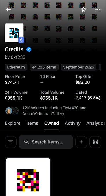 Mobile view of an NFT marketplace showing a collection called 'Credits' by 0xf233 on Ethereum, with 44,225 items, a floor price of $74.71, 24H volume of $955.1K, and 12K holders including TMA420 and AdamWeitsmanGallery.