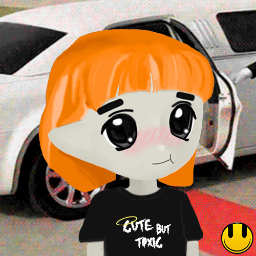 A digital illustration of an anime-style character with orange hair wearing a black t-shirt with the text 'CUTE BUT TOXIC', with a smiley face emoji in the corner.