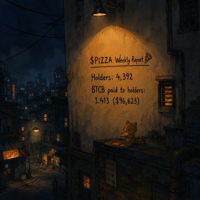 A whimsical illustration of a cat eating pizza on a rooftop at night, with a wall displaying '$PIZZA Weekly Report' showing 'Holders: 4,392' and 'BTCB paid to holders: 1.413 ($96,623)'.
