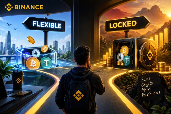 A Binance advertisement showing a person choosing between a 'FLEXIBLE' and 'LOCKED' crypto savings path, with the text 'Same Crypto. More Possibilities.'