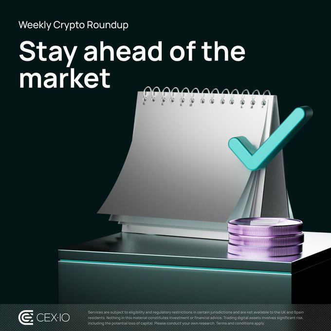 The image is a CEX.IO promotional graphic titled "Weekly Crypto Roundup: Stay ahead of the market," featuring a 3D render of a spiral notebook with a teal checkmark and a stack of glowing coins on a dark pedestal, visually reinforcing the post's message of cutting through market noise to deliver a clear, checked-off weekly recap.