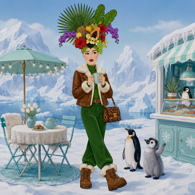 A woman with a vibrant fruit and flower headdress stands in a snowy arctic landscape, holding a cup with penguins nearby and a turquoise cafe to her right.