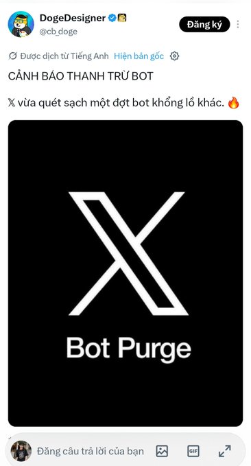 A tweet from DogeDesigner (@cb_doge) warning about X (formerly Twitter) purging bots, with Vietnamese text and a black graphic reading 'X Bot Purge'.