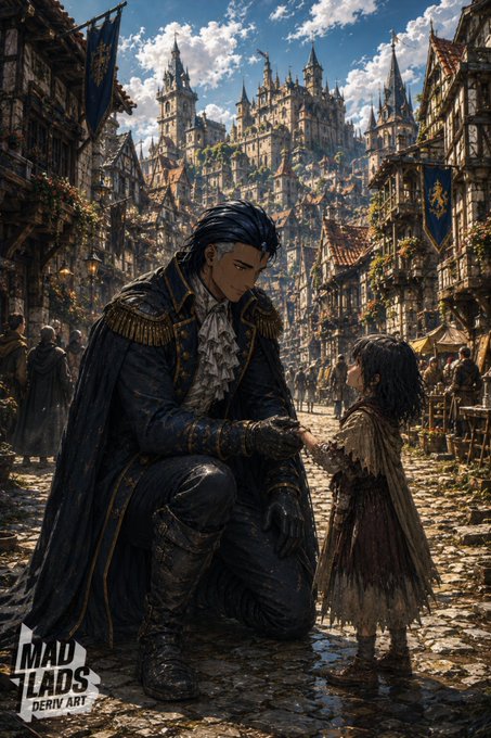 A fantasy digital artwork by 'MAD LADS DERIN ART' depicting an elegantly dressed man in dark clothing kneeling to hold hands with a small child on a cobblestone street, with a grand castle in the background.