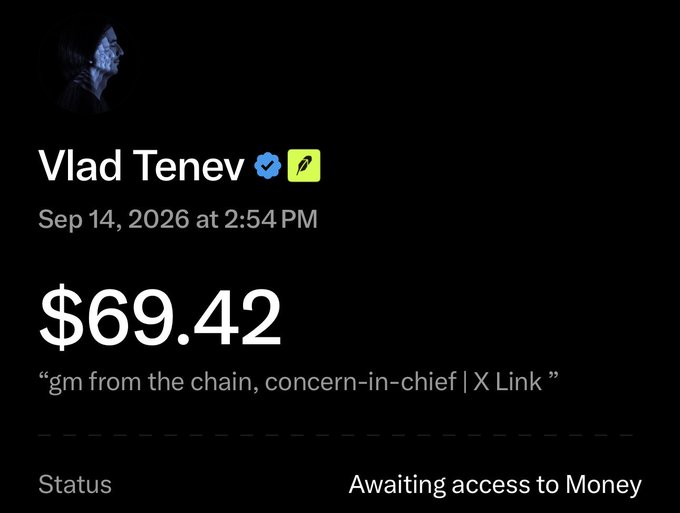 The image shows a post by Vlad Tenev (Robinhood CEO) displaying "$69.42" with the caption "gm from the chain, concern-in-chief," indicating a personal wallet balance before markets open. The accompanying post suggests Tenev should "get up and issue more tokenized stocks," humorously implying his Robinhood account needs more funds as the trading day begins.