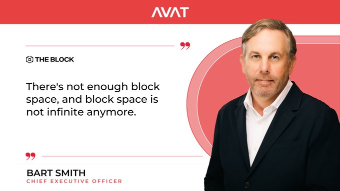 A promotional slide for AVAT features a man identified as Bart Smith, Chief Executive Officer, with a quote from "THE BLOCK" stating "There's not enough block space, and block space is not infinite anymore."