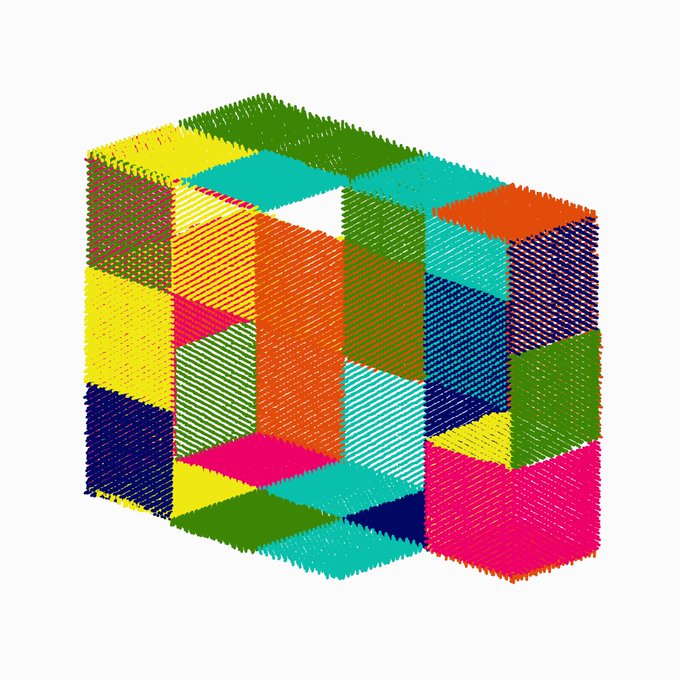 A digital artwork featuring a complex, multi-colored geometric cube structure with an isometric perspective, composed of various striped patterns on a light gray background.