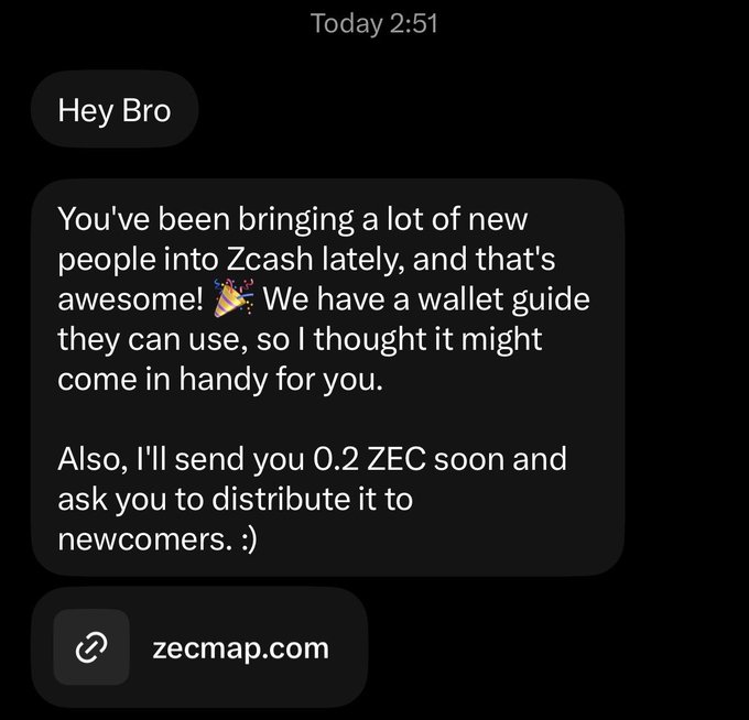 A text message screenshot from 'Hey Bro' discussing Zcash, mentioning a wallet guide for newcomers and a plan to send 0.2 ZEC to distribute, with a link to zecmap.com.