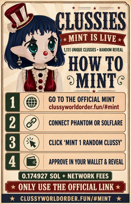 A promotional poster for 'CLUSSIES - MINT IS LIVE' NFT collection featuring a clown-like animated character, instructions for minting, and the website 'clussyworldorder.fun/#mint' with a cost of 0.174927 SOL.