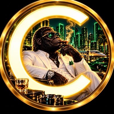 Stylized gold 'C' logo framing a well-dressed anthropomorphic gorilla smoking a cigar in front of a city skyline.