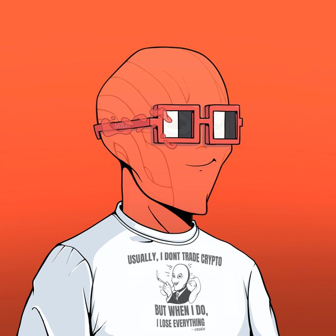 A bald figure wearing pixelated sunglasses and a t-shirt that reads "USUALLY, I DON'T TRADE CRYPTO BUT WHEN I DO, I LOSE EVERYTHING - DEGEN" smirks knowingly against an orange background, humorously embodying the ironic "degen" meme culture referenced by the post's playful jab at Solana (SOL) hype.