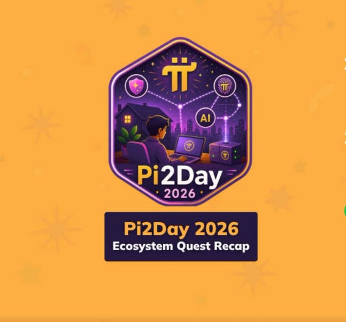 A promotional graphic for 'Pi2Day 2026 Ecosystem Quest Recap' features the Pi logo, a person at a laptop, and AI-themed elements.
