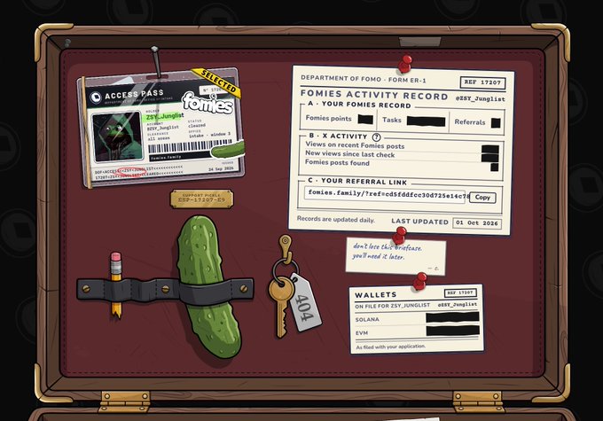 A digital bulletin board display showing an "ACCESS PASS" badge, a pickle with a belt, keys, and several pinned notes including a "FOMIES ACTIVITY RECORD" and a "WALLETS" section referencing "SOLANA" and "EVM".