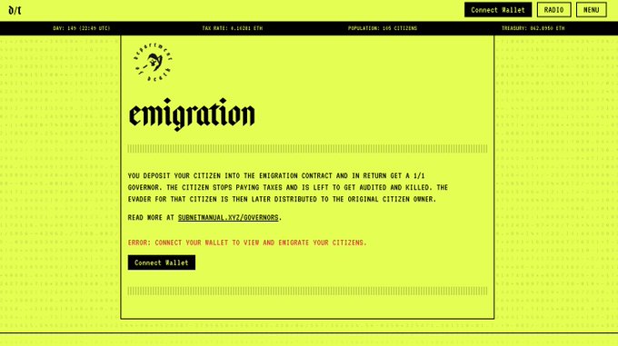 A webpage titled 'emigration' describing a process where citizens are deposited into a contract and governed, with an error message stating 'CONNECT YOUR WALLET TO VIEW AND EMIGRATE YOUR CITIZENS' and a tax rate of '0.02621 ETH'.