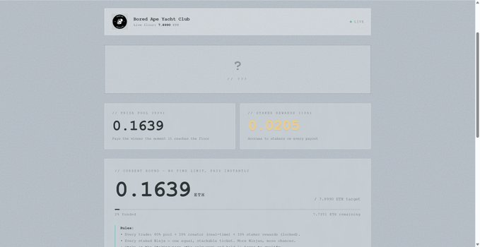 A screenshot of a webpage with the header 'Record Ape Yacht Club' showing financial figures including '0.1639 ETH' and '0.5205', with sections titled '// MILES POOL YIELD' and '// CHANG ADVANCE YIELD' and a footer mentioning '7,8990 ETH target' and '1,7791 ETH remaining'.