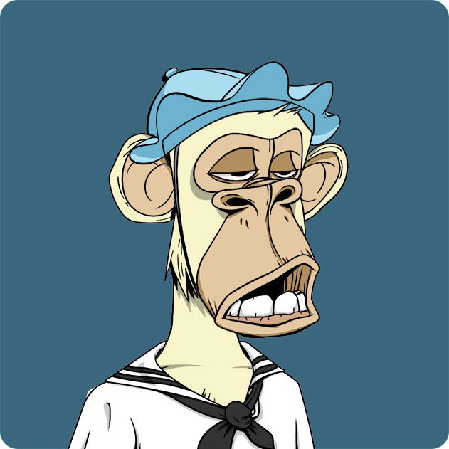 A cartoon illustration of a sad-looking monkey wearing a blue sailor hat and white shirt with a black necktie against a teal background.