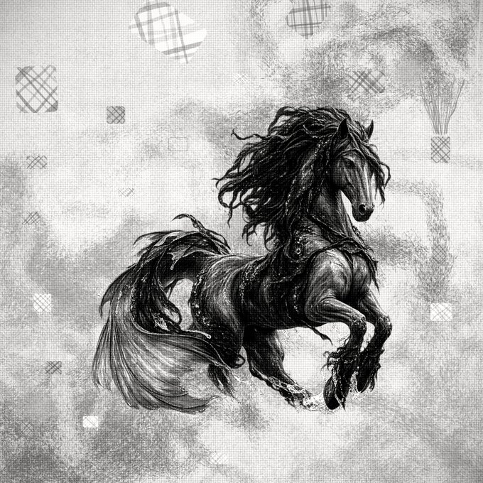 A detailed black and white artistic illustration of a dark, powerful horse with a flowing mane rearing up, surrounded by decorative plaid patterned squares on a textured background.
