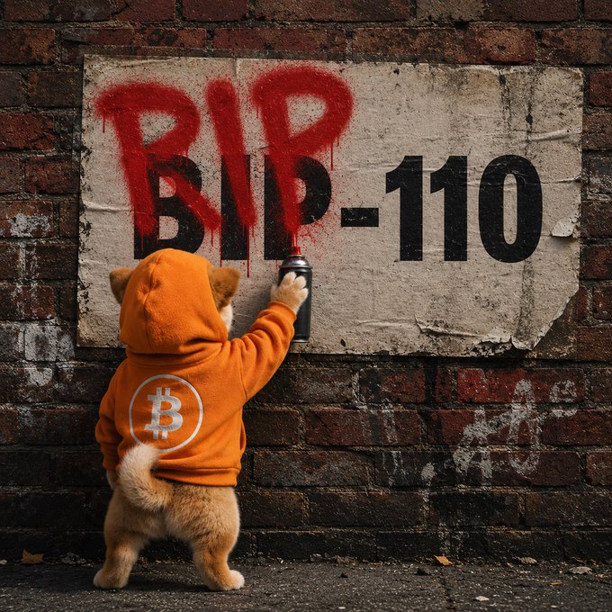 A Shiba Inu dog wearing a Bitcoin hoodie sprays "RIP BIP-110" in red paint on a brick wall, visually representing the post that BIP-110 has no consensus.