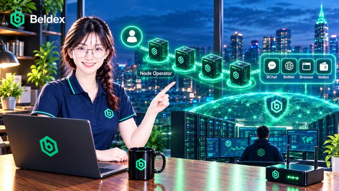 An advertisement featuring a smiling woman with glasses pointing to a 'Node Operator' graphic, with the Beldex logo and network icons labeled BChat, BelNet, Browser, and Wallet against a city skyline backdrop.