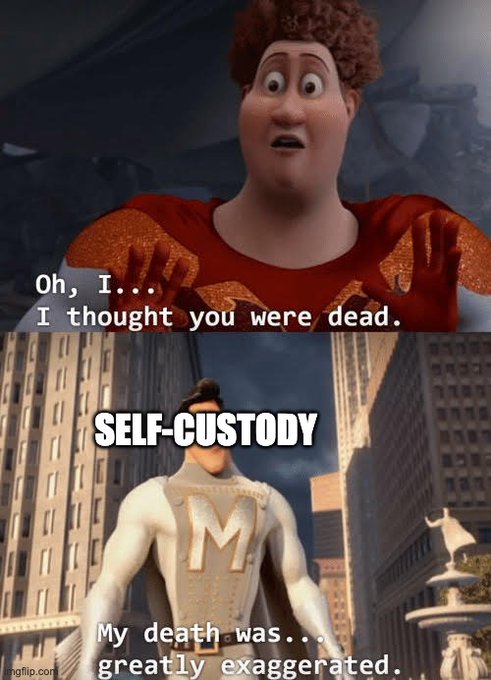 A two-panel meme featuring characters from the animated movie Megamind. The top panel shows a shocked character saying, "Oh, I... I thought you were dead," while the bottom panel features a superhero labeled "SELF-CUSTODY" stating, "My death was... greatly exaggerated."