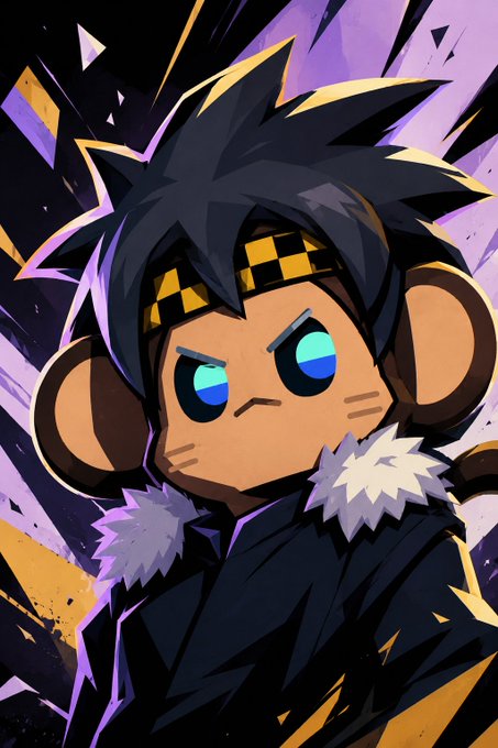 A stylized, cartoonish digital illustration of a monkey-like character with spiky black hair, glowing blue eyes, and whisker marks on its cheeks, set against a dynamic purple and yellow splattered background.
