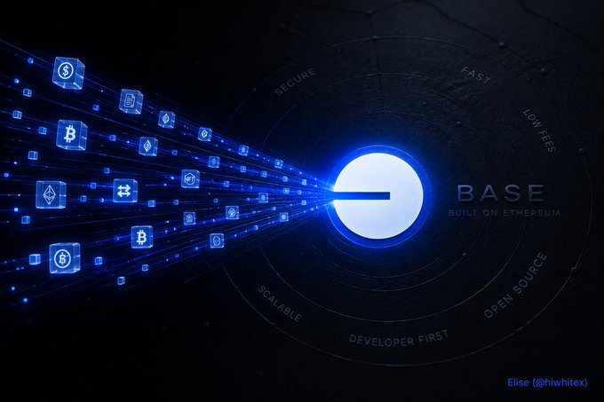 A digital graphic for the 'BASE' blockchain network, labeled 'BUILT ON ETHEREUM' with surrounding text 'SECURE', 'FAST', 'LOW FEES', 'SCALABLE', 'DEVELOPER FIRST', and 'OPEN SOURCE', shows cryptocurrency icons streaming into a central blue ring.