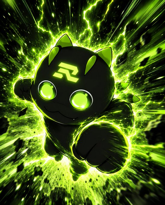 A digital illustration of a black cat-like creature with glowing green eyes and a green symbol on its forehead, surrounded by a dynamic green energy explosion.