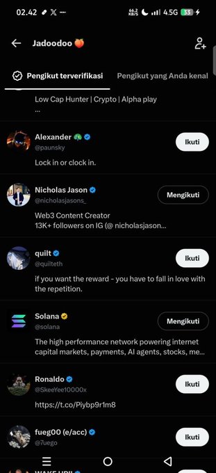A mobile screenshot of an X (Twitter) profile page for 'Jadoodoo' showing a list of followers including @paunsky, @nicholasjasons, @quitehh, @solana, @skeeYee10000x, and @7uego, with a header reading 'Low Cap Hunter | Crypto | Alpha play'.