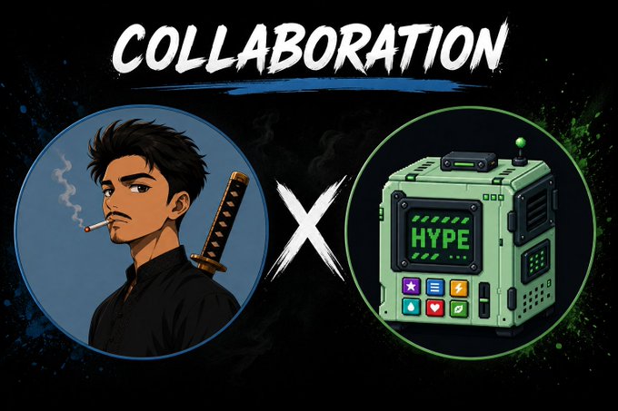A promotional graphic announcing a 'COLLABORATION' between a stylized anime-style swordsman character and a green device labeled 'HYPE' with various app icons.