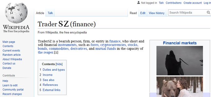 A Wikipedia page defines "Trader SZ (finance)" as a person or entity who shorts and sells financial instruments like forex, cryptocurrencies, stocks, bonds, commodities, derivatives, and mutual funds. The image humorously frames the poster's past behavior of frequently shorting MATIC as fitting the textbook definition of a "trader."